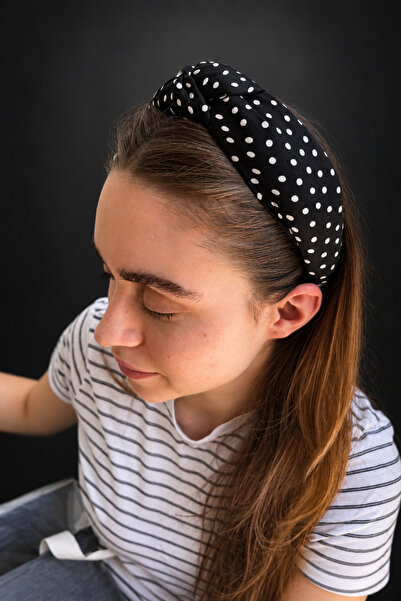 ByMerve Bym481-1 Women's Black and White Polka Dot Knotted Wide Fabric Hair C...