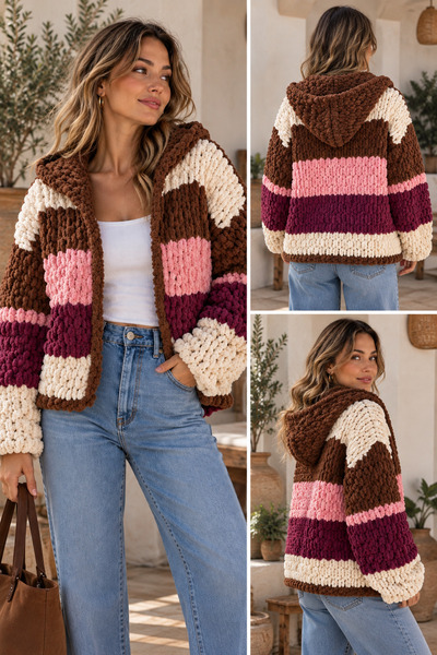 Zuviel Deco Handmade Kapüşonlu Chunky Polar El Yapımı Hırka