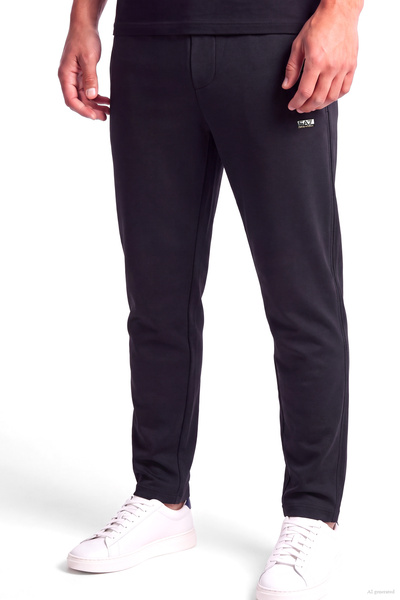 EA7 Men's Regular Fit Cotton Logo Plate Plain Long Leg Black Sweatpants