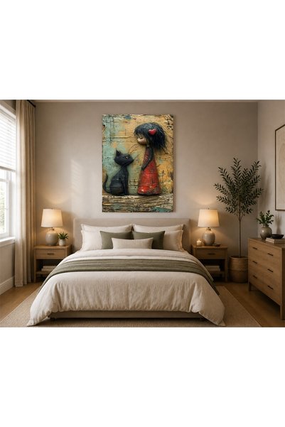 roselight store Küçük Kız ve Kedi Görselleriyle Duvar Duvar Dekoru Ahşap MDF ...
