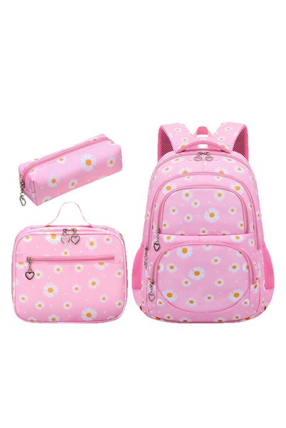 Generic Brand Rucsac flori 3 piese, roz, 43x16x29 cm, rucsac/prânz/etui, lapt...