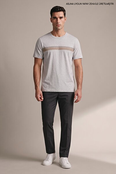 Maccali Gray Men's Crew Neck Loose Fit T-Shirt with Chest Band