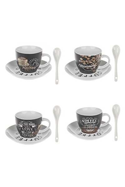 OEM Set 4 Cesti Cafea din Portelan Model Coffee cu Farfurii & Lingurite 180ml