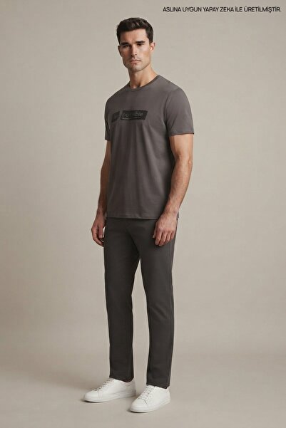 Maccali Dark Gray Men's Impossible Printed Crew Neck Loose Fit T-Shirt