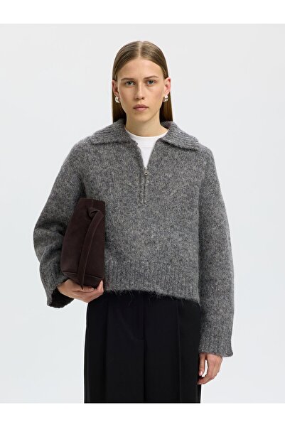 SELECTED Halbreißverschluss-Pullover Alpakamix