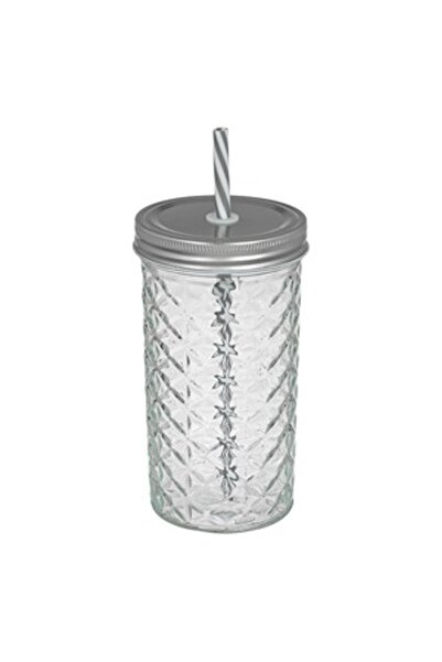 OEM Pahar din Sticla Transparenta cu Model Reliefat Capac Metalic & Pai 600ml