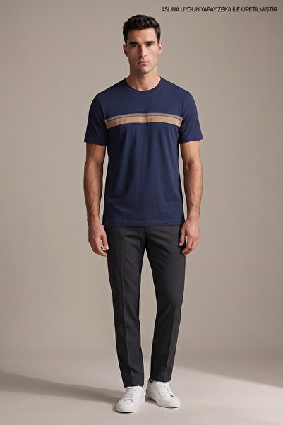 Maccali Navy Blue Men's Crew Neck Loose Fit T-Shirt with Chest Band
