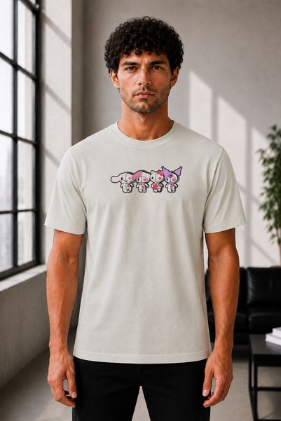 FAUNION Unisex Oversize Sanrio Kuromi Embroidered T-Shirt 100% Cotton
