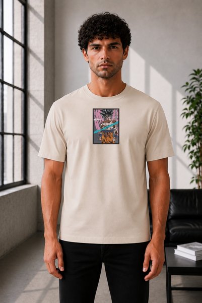FAUNION Unisex Oversize Dragon Ball Goku Embroidered Anime T-Shirt 100% Cotton