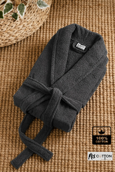 MixCotton Home Luxury 100% Cotton Women'S/Unisex Bathrobe with Pockets, Soft Textured Home Wear Towel Bathrobe Anthracite Gray
