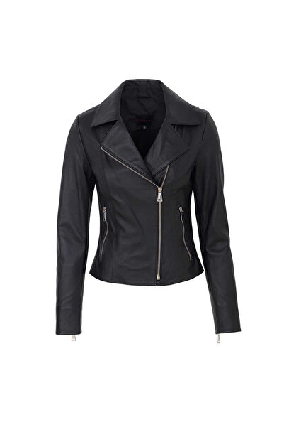 Tergan Siyah Hakiki Deri Kadın Deri Biker Mont - K26KDM320503-Q3H