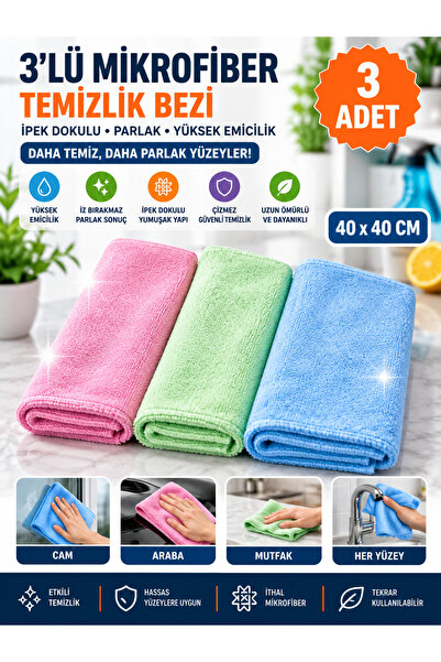 Ambalaj Express.com.tr 3'lü İpek Dokulu Parlak Mikrofiber Temizlik Bezi, Cam,...