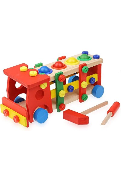 ETOY Set educativ de constructie camion din lemn cu ciocan si surubelnita pen...