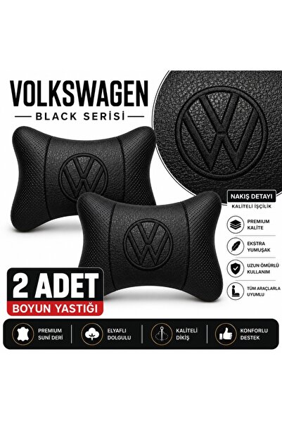 mutlu oto aksesuar Volkswagen Black Serisi 4 Parça Oto Boyun Yastığı ve Emniyet Kemer Pedi Seti – 2 Yastık + 2 Kemer Pedi, Siyah Nakışlı