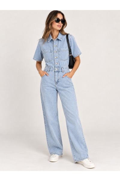 Genel Markalar Kadın açık mavi uzun kot denim tulum