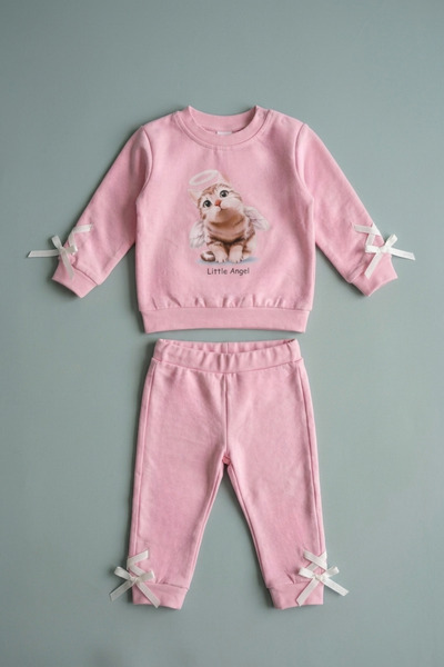 zumino Baby Girl Cat Printed Sweatshirt and Sweatpants with Ribbon Detail, 2-...