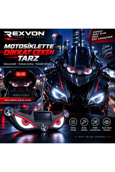 Rexvon Solar Devil Eyes Güneş Enerjili Şeytan Göz LED Araç Cam Işığı Vantuzlu Hareket Sensörlü Type-C