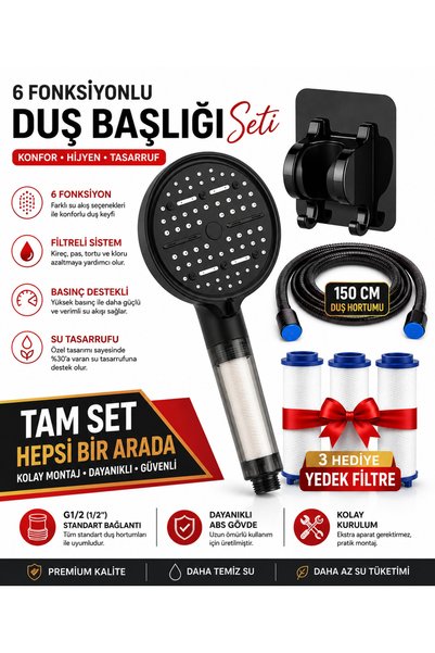 Plodna House Filtreli 6 Fonksiyonlu Duş Başlığı Seti 150 cm Hortum Yapışkanlı...