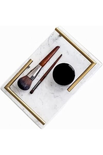 1Chase ® White Marble Tray with L Shaped Golden Handles- Vanity Trinket Tray,...