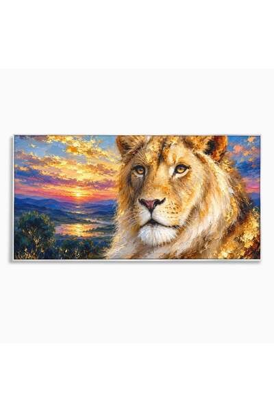 Luxcanva Tablou Canvas Privirea Leului 100x50 cm cu Rama Argintiu Leu Apus Na...