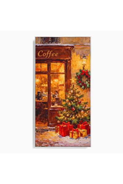Luxcanva Tablou Canvas Cafenea De Craciun 70x140 cm cu Rama Argintiu Seara Ca...