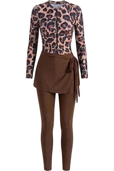 Generic Women's Leopard Print Long Sleeve Swimsuit with Skirt Pants,Size L