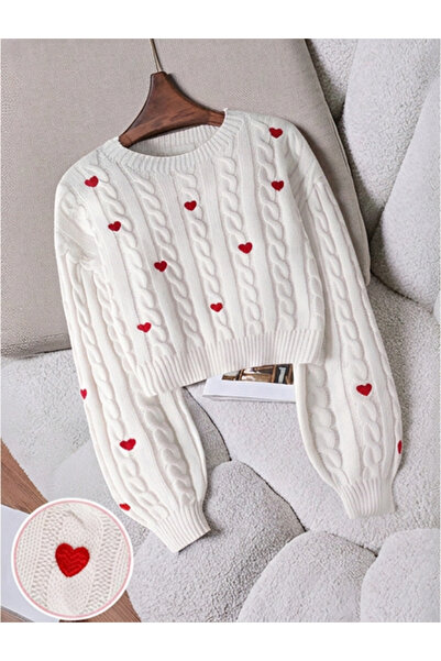 SAYZEN YOUR SHİNE Heart Embroidery Detailed Hair Braided Crop Women's Sweater