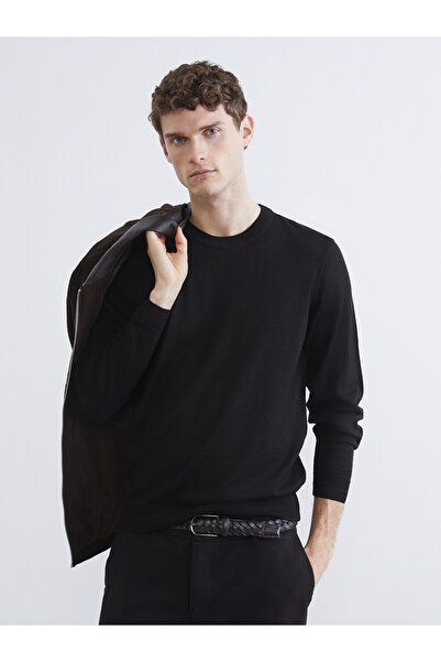 LC Waikiki Southblue Black Crew Neck Wool Blend Men's Knitwear Sweater