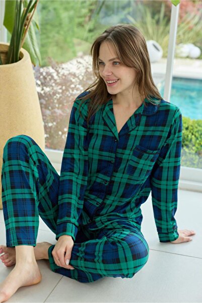 Pure ays Yeşil Kareli Önden Düğmeli Pijama Takım