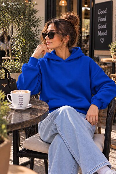 caddekombin Kadın Düz Kapüşonlu Kanguru Cepli Kadın Sweatshirt