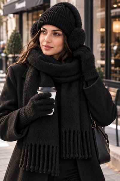 Wearflawless Kadın 4'lü Siyah Kışlık Set, Bere, Atkı, Eldiven, Kulaklık, Sıcak Yumuşak Kış Aksesuar Hediye Seti
