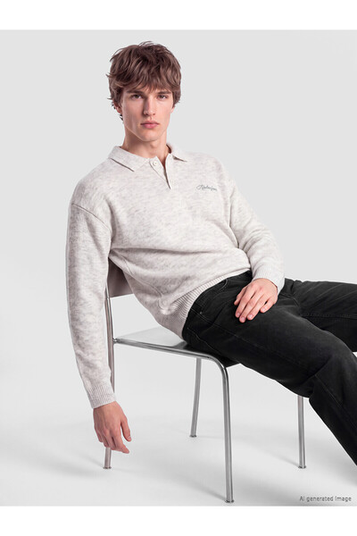 LC Waikiki Xside Gray Polo Collar Embroidered Men's Knit Sweater