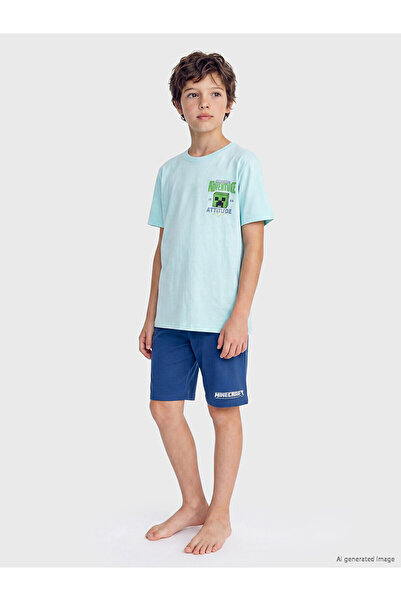 LC Waikiki Lcw Kids Blue Printed Boys' Shorts Pajama Set