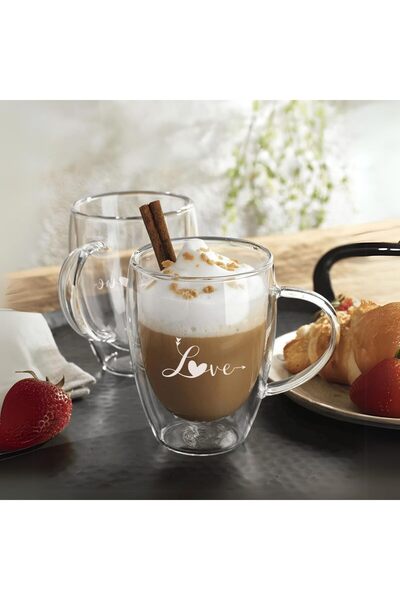 1Chase Double Wall ‘LOVE’ Printed Glass Mug Set – 350ML (2Pcs) – Stylish Mugs...