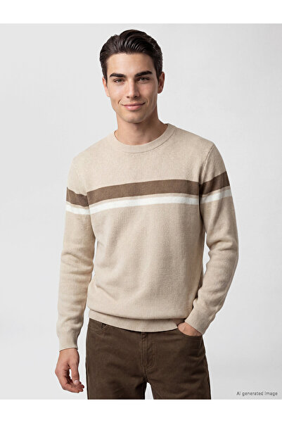 LC Waikiki Lcwaikiki Classic Beige Crew Neck Striped Men's Knitwear Sweater