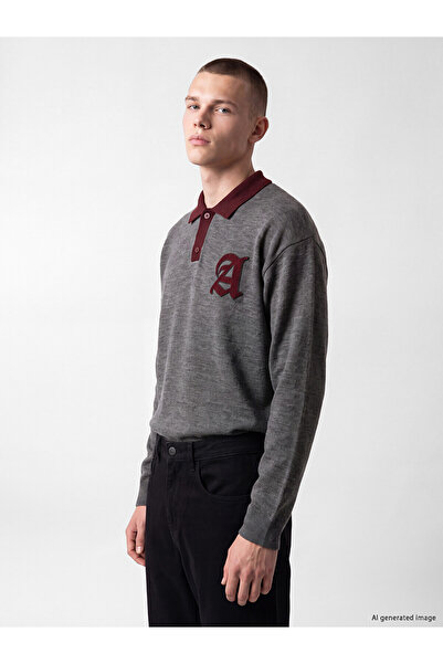 LC Waikiki Xside Anthracite Polo Collar Embroidered Men's Knitwear Sweater