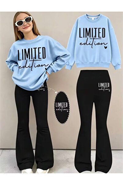MORNİNG KİDS Girl's Limited Edition Printed Baby Blue Crew Neck Sweatshirt-Sp...
