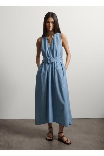 Stefanel Açık Mavi Kemerli Maxi Denim Elbise