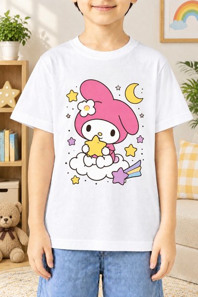 MY MELODY تي شيرت أبيض قصير الأكمام من القطن الخالص للأطفال، ملابس أطفال مطبو...