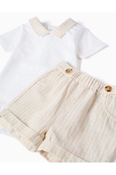 Ziddy Cotton Bodysuit + Striped Shorts Set For Newborn Boys, White/Beige
