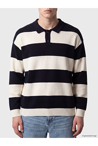 LC Waikiki Xside Navy Blue Polo Neck Striped Men's Knitwear Sweater