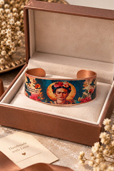 Erol Bakır Frida Kahlo Themed Red Floral Wide Form 100% Copper Bracelet