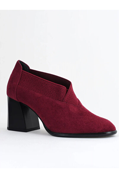Nicoletta Botine Damă din Piele Ecologică, cu Elastic și Toc Gros de 7 cm Bordo