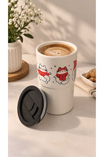 CUPPERA Winter Cats Seramik Termos Bardak – Özel Tasarım Kapaklı | 450–500 ml