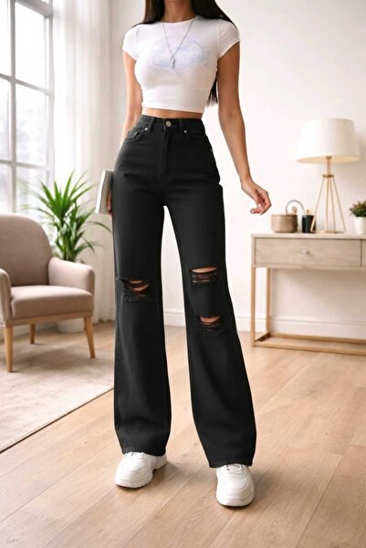 BROSERER Mina Women's High Waist Black Ripped Wide Leg Jeans Lycra Denim Trou...