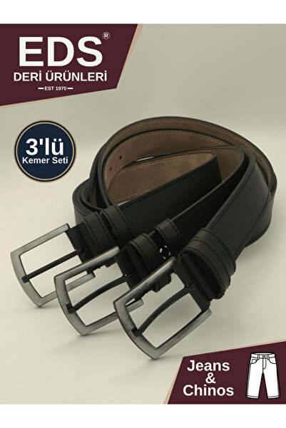 EDS DERİ ÜRÜNLERİ Men's 3-Piece Black Sports Belt Set