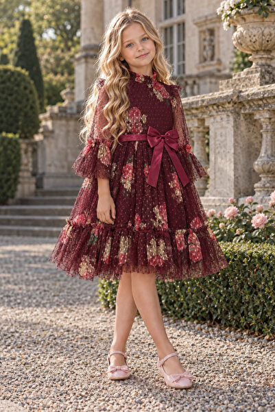 FESSHERA Girl's Dress with Tulle and Floral Pattern