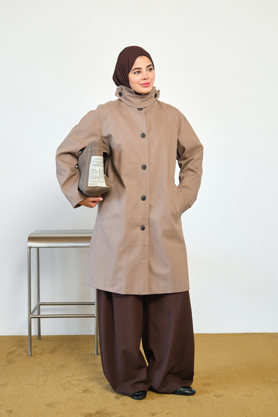 LOCCO Women's Plaid Lined Mid-Length Shirt Collar Trench Coat Mink