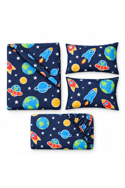 yoyo Lenjerie de pat pentru copii din finet, 4 piese, cearceaf cu elastic 200 x 230 cm, husa pilota cu fermoar 180 x 230 cm, 2 fete de perna 50 x 70 cm, model spatial, bleumarin multicolor
