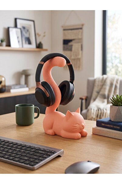 Pembe Kedi Tasarımlı Kulaklık Standı - Estetik Masaüstü Kulaklık Tutucu Figür